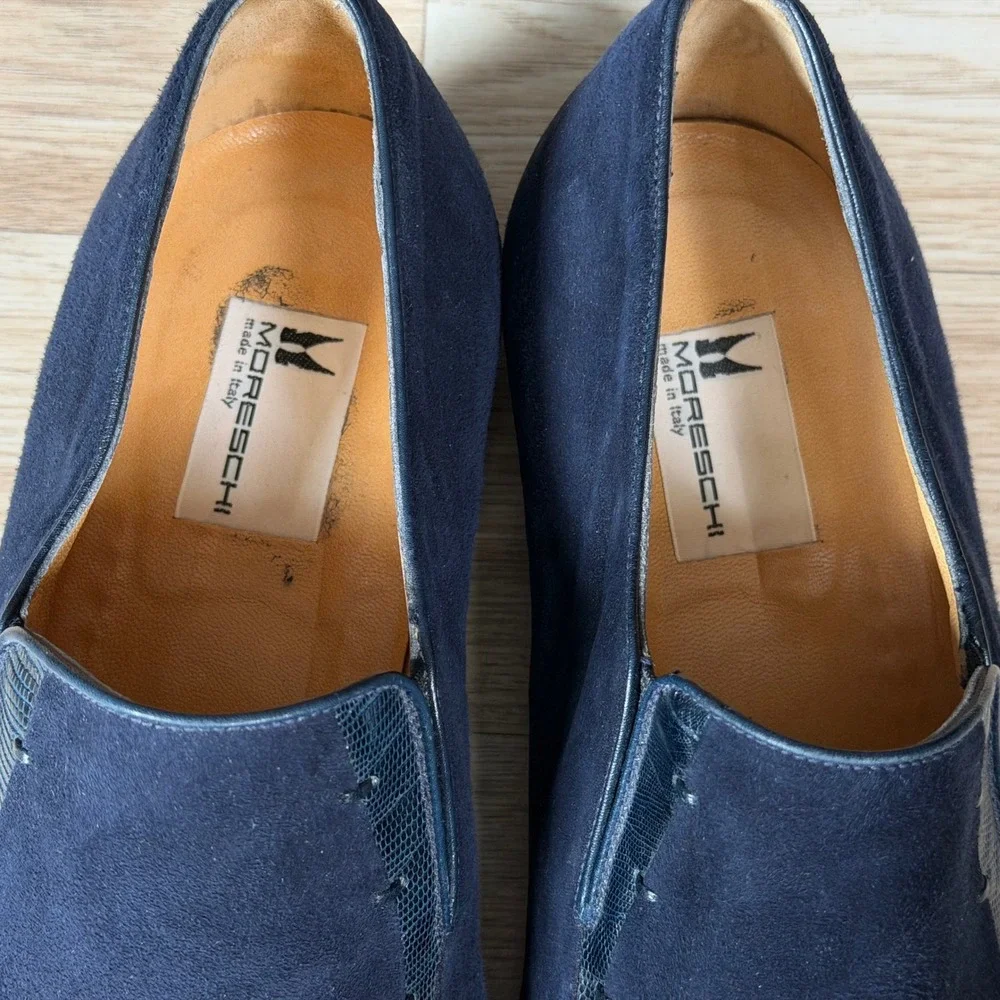 Moreschi Loafers Mens Size 11 Navy Blue Suede Lizard Trim Slip On Made in Italy